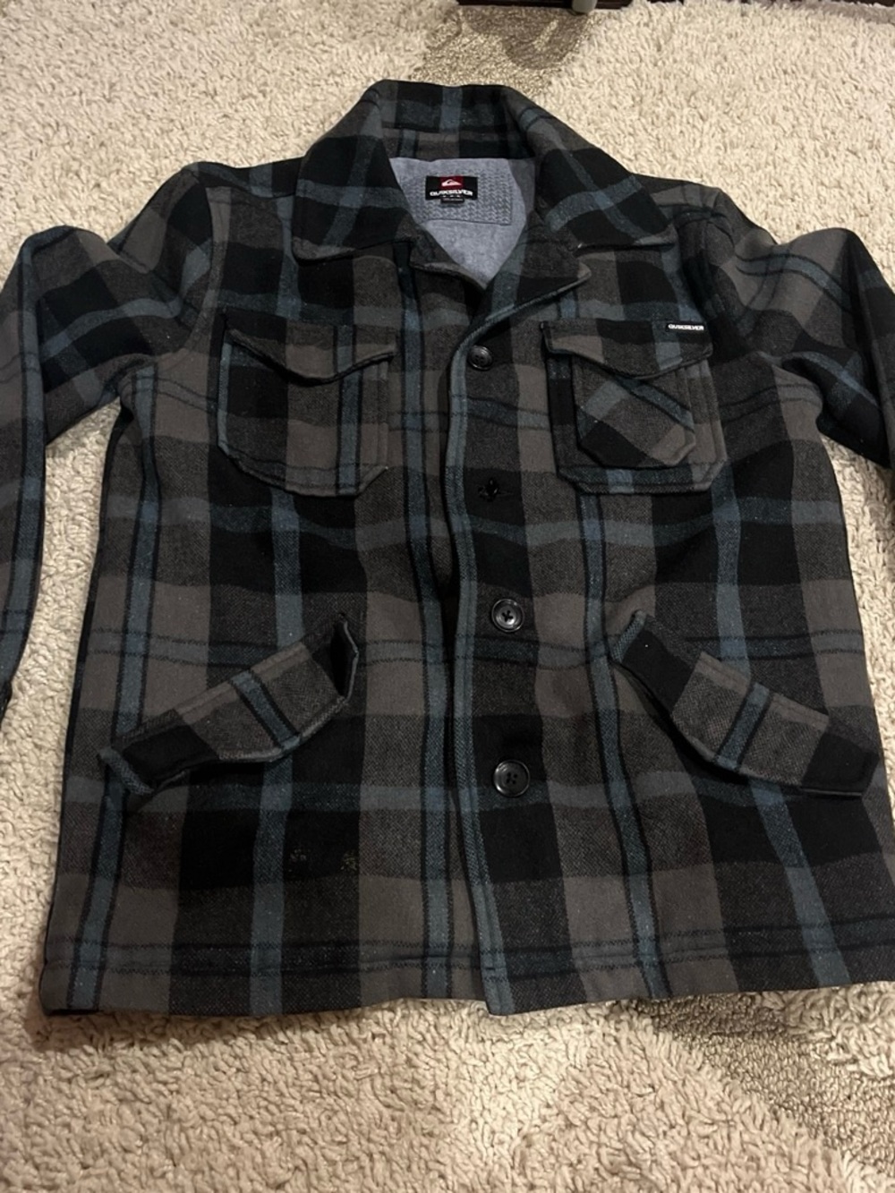 Quiksilver Men's Black & Gray Plaid Pea Coat with Blue Accents